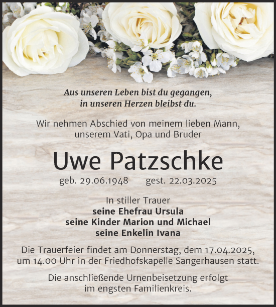 Traueranzeige von Uwe Patzschke von Trauerkombi Sangerhausen