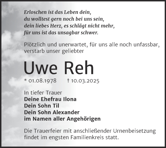 Traueranzeige von Uwe Reh von Trauerkombi Bitterfeld