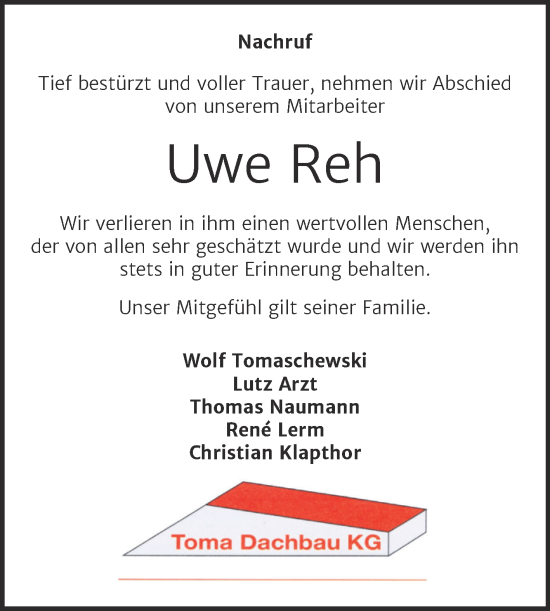 Traueranzeige von Uwe Reh von SuperSonntag Bitterfeld