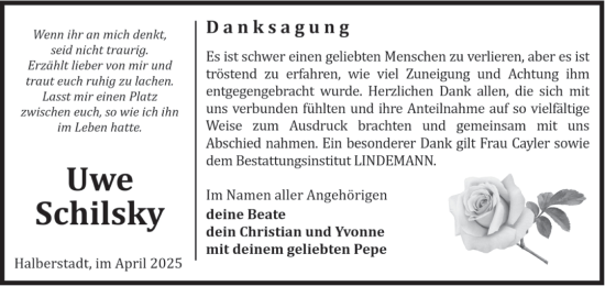 Traueranzeige von Uwe Schilsky von Volksstimme Halberstadt