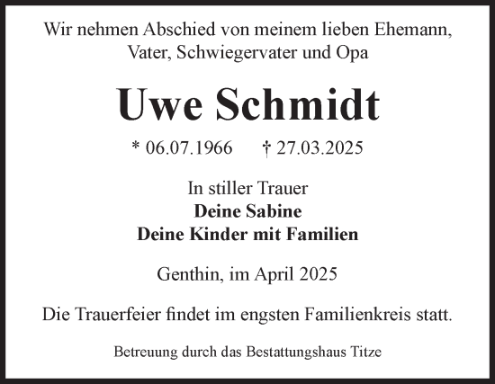 Traueranzeige von Uwe Schmidt von Volksstimme Burg/Genthin