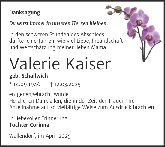Traueranzeige von Valerie Kaiser von Trauerkombi Merseburg