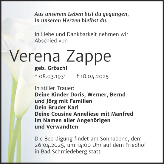 Traueranzeige von Verena Zappe von Trauerkombi Wittenberg