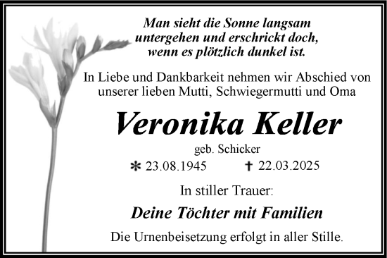 Traueranzeige von Veronika Keller von Trauerkombi Dessau