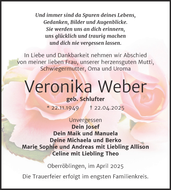 Traueranzeige von Veronika Weber von Trauerkombi Sangerhausen