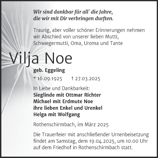 Traueranzeige von Vilja Noe von Trauerkombi Mansfelder Land