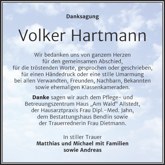 Traueranzeige von Volker Hartmann von Trauerkombi Sangerhausen