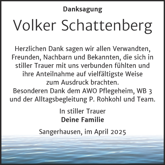 Traueranzeige von Volker Schattenberg von Trauerkombi Sangerhausen