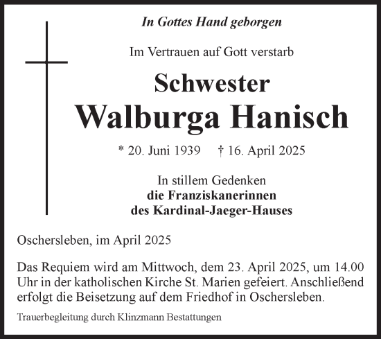Traueranzeige von Walburga Hanisch von Volksstimme Oschersleben/Wanzleben