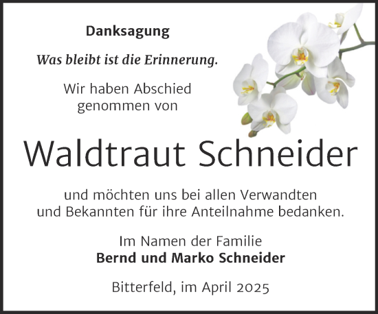 Traueranzeige von Waldtraut Schneider von Trauerkombi Bitterfeld