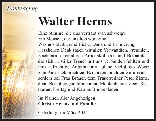 Traueranzeige von Walter Herms von Volksstimme Altmark Ost