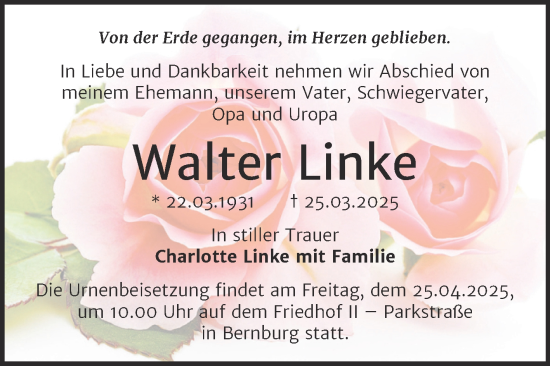 Traueranzeige von Walter Linke von Trauerkombi Bernburg