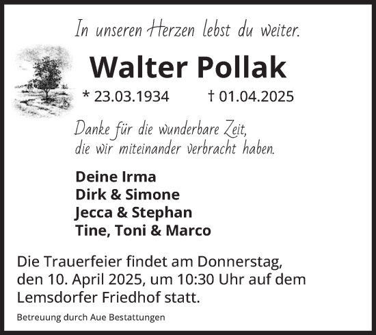 Traueranzeige von Walter Pollak von Volksstimme Magdeburg