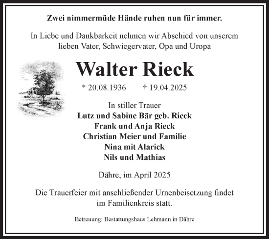 Traueranzeige von Walter Rieck von Volksstimme Altmark West