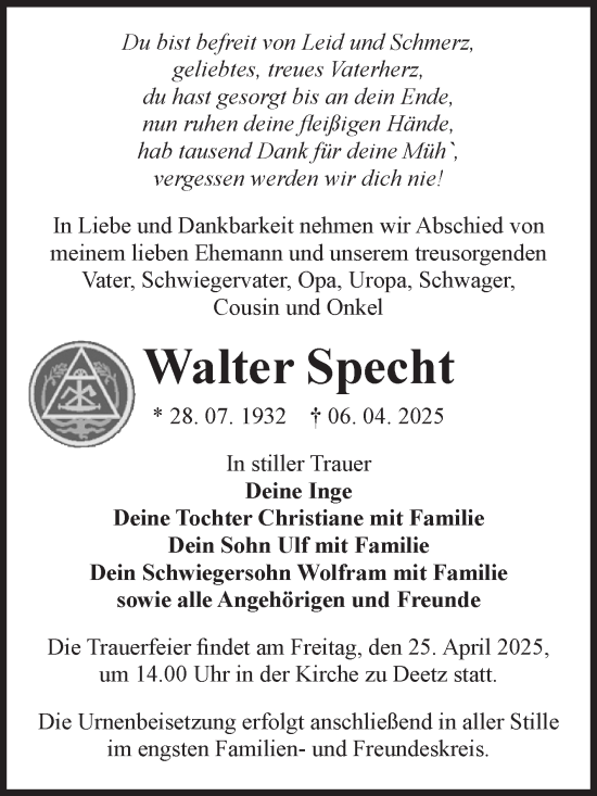 Traueranzeige von Walter Specht von Volksstimme Zerbst