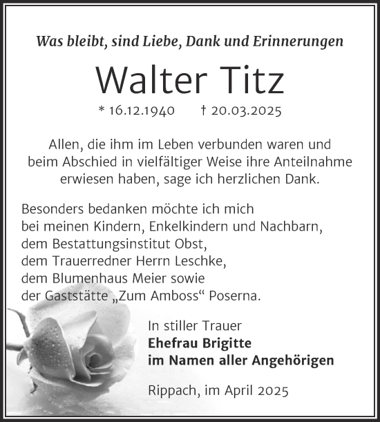 Traueranzeige von Walter Titz von Trauerkombi Weißenfels