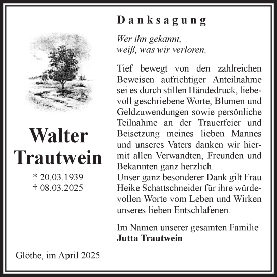 Traueranzeige von Walter Trautwein von Volksstimme Schönebeck