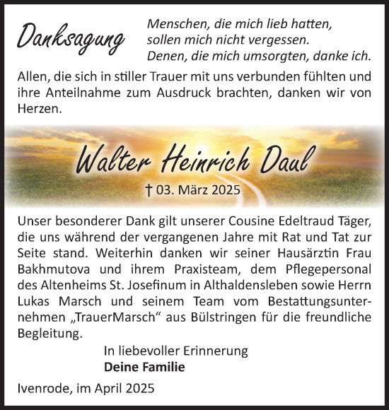 Traueranzeige von Walter Heinrich Daul von Volksstimme Haldensleben/Wolmirstedt