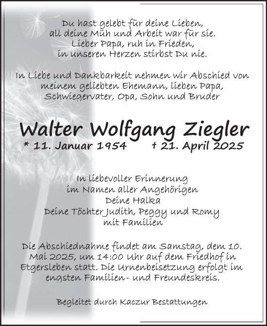 Traueranzeige von Walter Wolfgang Ziegler von Volksstimme Staßfurt
