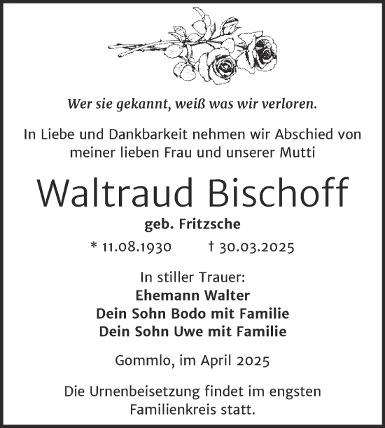 Traueranzeige von Waltraud Bischoff von Trauerkombi Wittenberg