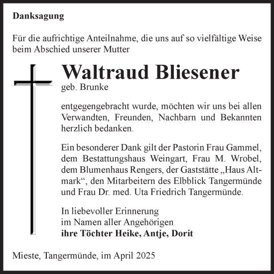 Traueranzeige von Waltraud Bliesener von Volksstimme Altmark Ost