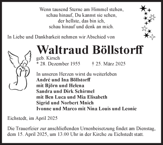 Traueranzeige von Waltraud Böllstorff von Volksstimme Altmark Ost