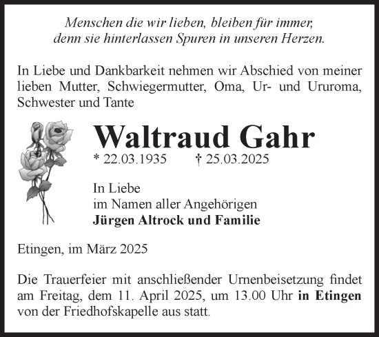 Traueranzeige von Waltraud Gahr von Volksstimme Haldensleben/Wolmirstedt