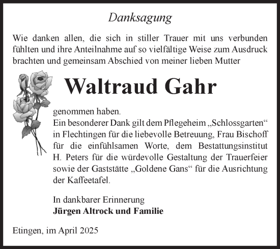 Traueranzeige von Waltraud Gahr von Volksstimme Haldensleben/Wolmirstedt