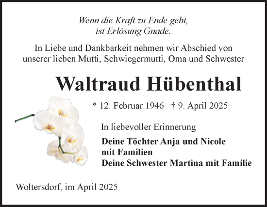 Traueranzeige von Waltraud Hübenthal von Volksstimme Burg/Genthin