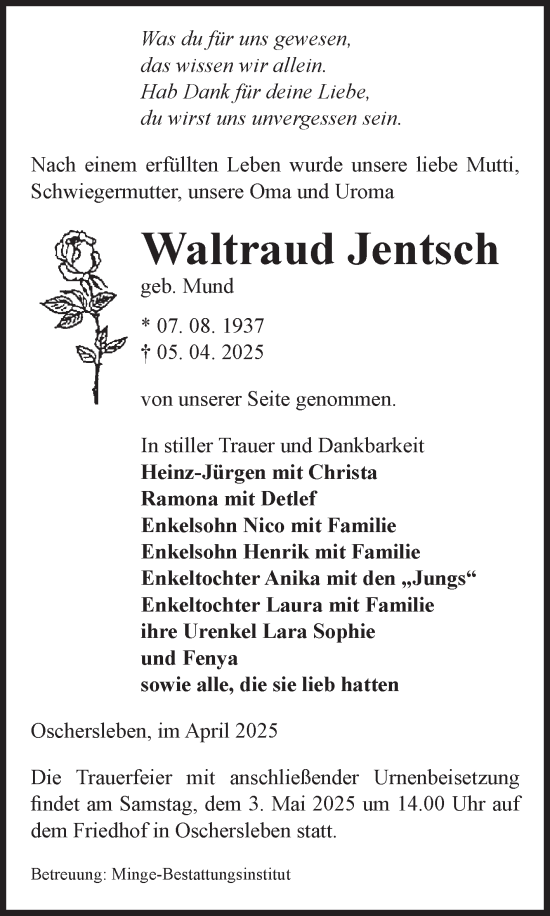 Traueranzeige von Waltraud Jentsch von Volksstimme Oschersleben/Wanzleben