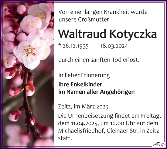 Traueranzeige von Waltraud Kotyczka von Trauerkombi Zeitz