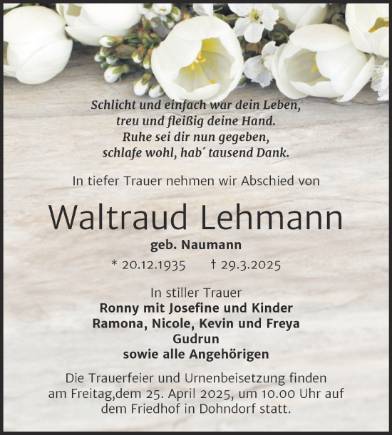 Traueranzeige von Waltraud Lehmann von Trauerkombi Köthen