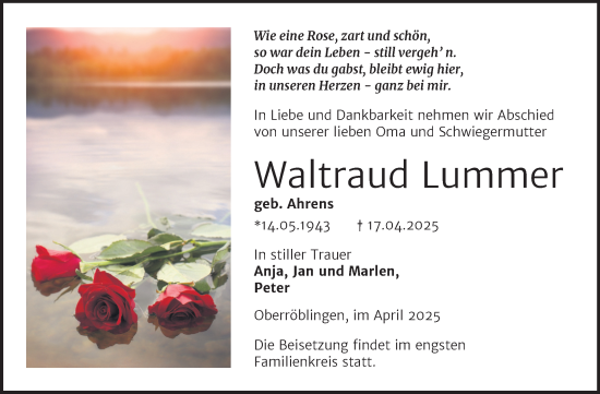 Traueranzeige von Waltraud Lummer von Trauerkombi Sangerhausen