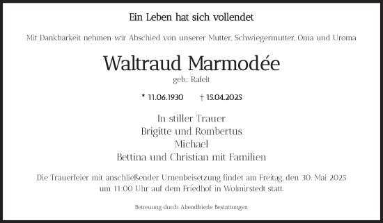 Traueranzeige von Waltraud Marmodeée von Volksstimme Haldensleben/Wolmirstedt