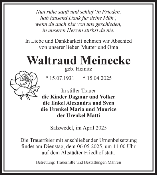Traueranzeige von Waltraud Meinecke von Volksstimme Altmark West