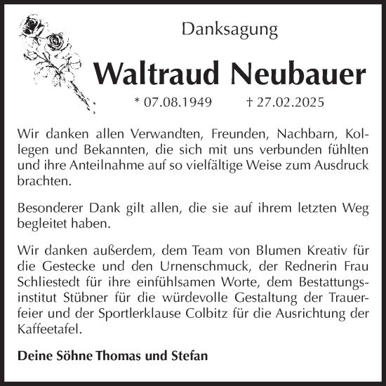 Traueranzeige von Waltraud Neubauer von Volksstimme Haldensleben/Wolmirstedt