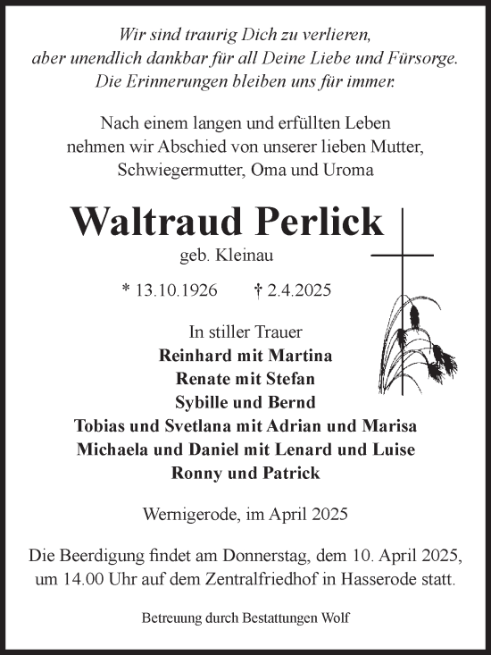 Traueranzeige von Waltraud Perlick von Volksstimme Wernigerode