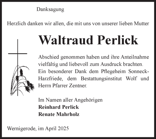 Traueranzeige von Waltraud Perlick von Volksstimme Wernigerode