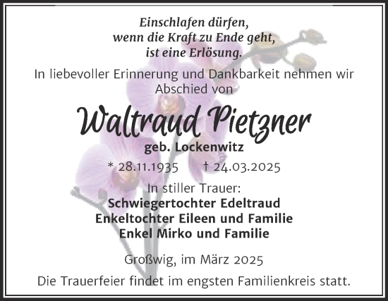 Traueranzeige von Waltraud Pietzner von Trauerkombi Wittenberg