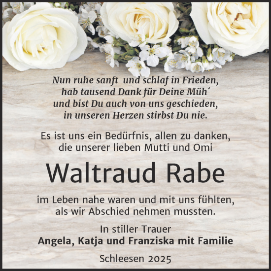 Traueranzeige von Waltraud Rabe von Trauerkombi Wittenberg