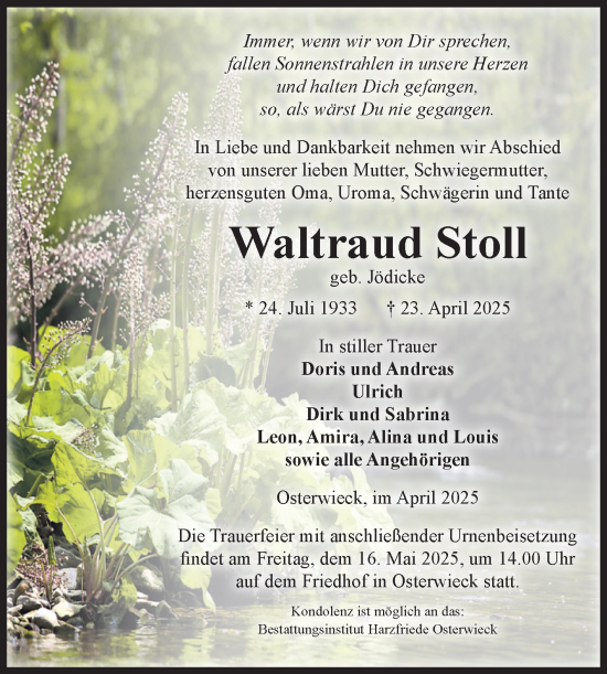 Traueranzeige von Waltraud Stoll von Volksstimme Halberstadt