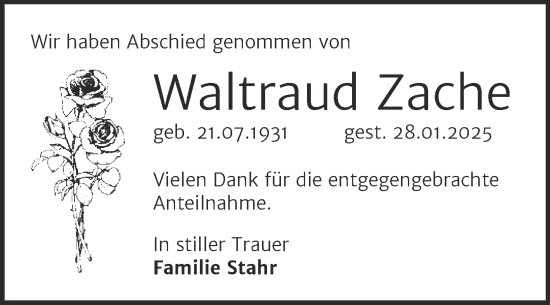 Traueranzeige von Waltraud Zache von Trauerkombi Weißenfels