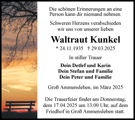 Traueranzeige von Waltraut Kunkel von Volksstimme Haldensleben/Wolmirstedt