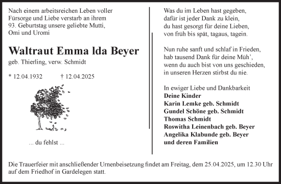 Traueranzeige von Waltraut Emma Ida Beyer von Volksstimme Altmark West
