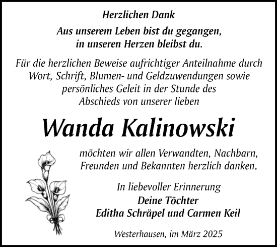 Traueranzeige von Wanda Kalinowski von Trauerkombi Quedlinburg