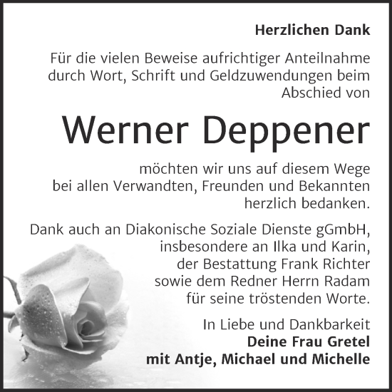 Traueranzeige von Werner Deppener von Trauerkombi Sangerhausen