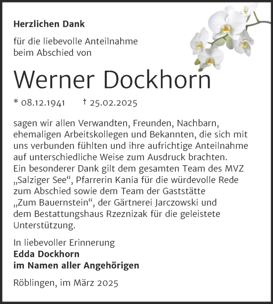 Traueranzeige von Werner Dockhorn von Trauerkombi Mansfelder Land