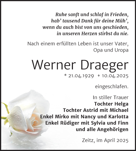 Traueranzeige von Werner Draeger von Trauerkombi Zeitz