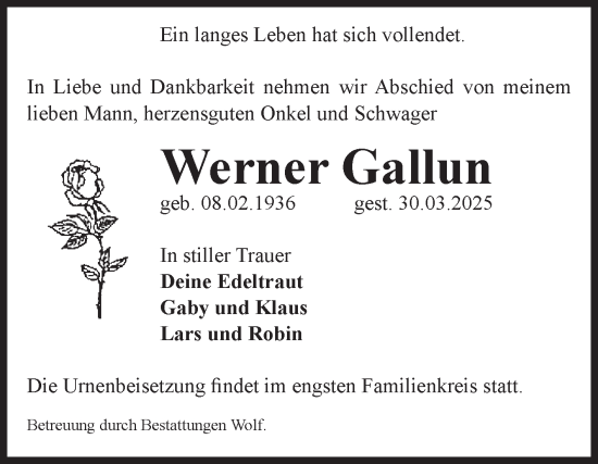 Traueranzeige von Werner Gallun von Volksstimme Wernigerode