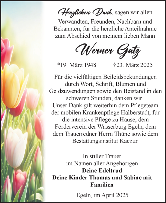 Traueranzeige von Werner Gatz von Volksstimme Staßfurt